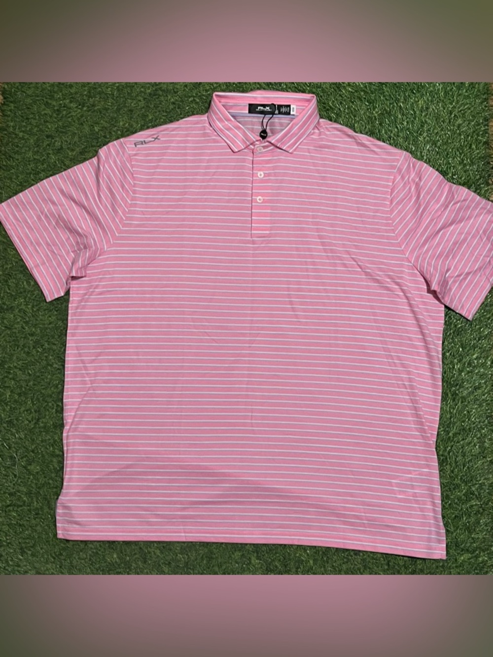 NWOT Ralph Lauren RLX Polo Shirt Mens XXL Pink Blue Striped Short Sleeve Stretch